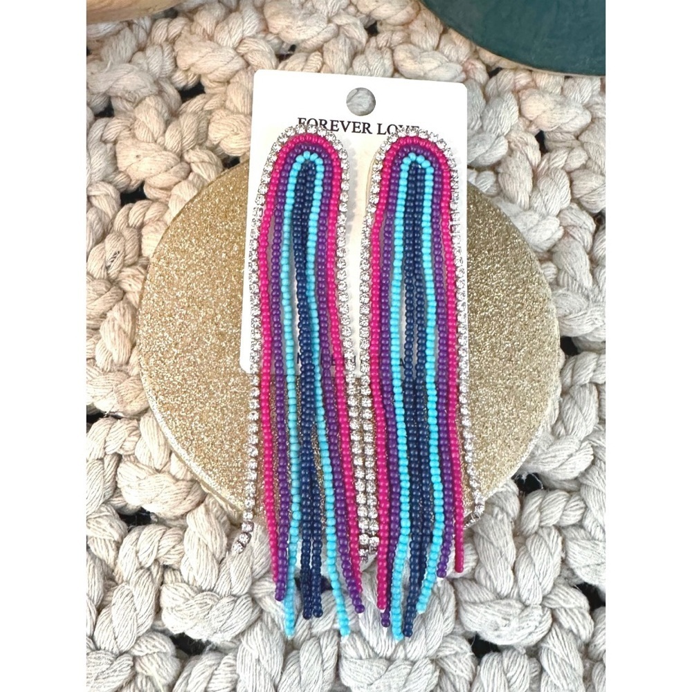 Blue & pink beaded tassel drop earrings